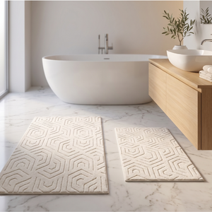 Juego de Alfombras de Baño Modernas Geométricas de Jacquard de Algodón Reciclado Blakel Ecru, 2 Piezas, 40x60 cm + 60x100 cm - Product Image 3