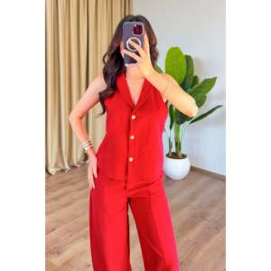 Linen Carrot Pants and Vest Set, <b>Red</b>, Wholesale <b>Suit</b> - <b>Red</b> - Product Image 2