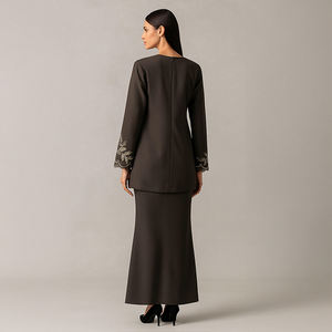 Two-Piece Modest Baju Kurung Set Floral Embroidery Style Handmade and Breathable for <b>Weddings</b> Ramadan and Eid Plus Size - Product Image 4