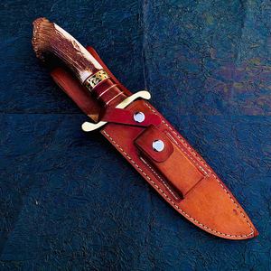 มีดโบวี่เหล็กดามัสกัสทำมือ ขอบหยักบางส่วน ด้ามไม้เขากวาง น้ำหนักเบา ดีไซน์ทนทาน พร้อมซองหนัง - Product Image 2