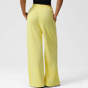 Women's Sporty High Waist Palazzo Pants with Elastic Loose Fit Breathable <b>Lounge</b> Bottoms Solid Pattern and Drawcord - Product Image 2