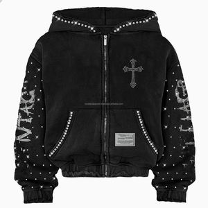 Custom Vintage Washed Sun Faded Hoodie for Men Factory OEM Oversized Heavyweight 100% Cotton Zipper <b>Jacket</b> <b>Rhinestone</b> for Winter - Product Image 1