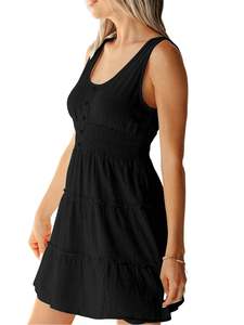 Negro Sloid liso sin mangas mujer elegante señoras suelta Maxi Mini 100% tela de rayón con cuello redondo Mujer Casual Mini vestido - Product Image 5
