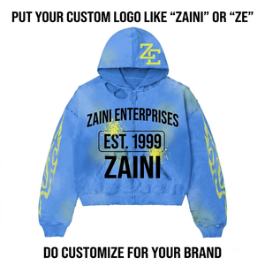Sudadera con capucha y cremallera de felpa de mezcla de algodón de 430 GSM, lavado ácido, azul, con logotipo bordado personalizado OEM - Product Image 1