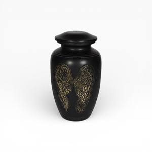 Matte Black Cremation Urn with Gold Angel Wing Artwork Classic Shape and Elegant <b>Memorial</b> Finish - Product Image 1