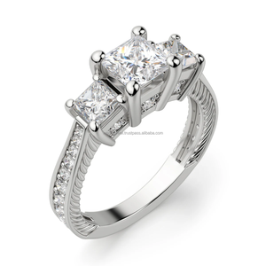 Trois pierres princesse coupe bague en diamant tige VVS Moissanite diamant mariage entrelacement fendu torsadé tige anneau pour les femmes - Product Image 1