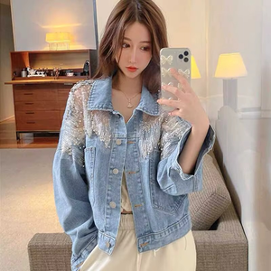 Veste pour femmes Streetwear Sequins Simple Breasted Turn Down Collar Pockets Washed Patchwork 2025 Outerwear - Product Image 5