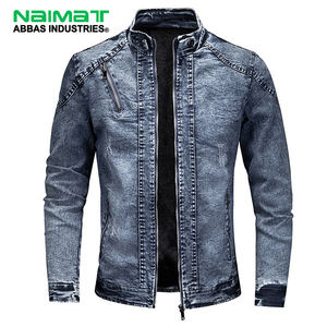 Veste en jean élégante avec fermeture éclair, col montant et plusieurs poches, vêtement d'extérieur décontracté bleu délavé robuste pour hommes - Product Image 1