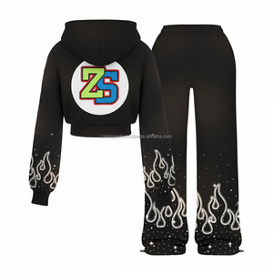 Chándal de lana gruesa con cremallera 380 GSM forro interior suave negro con diseño de llama blanca chándales con impresión de logotipo personalizado de talla grande - Product Image 2