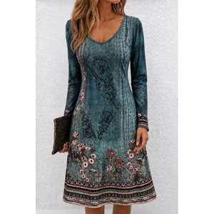 Robe midi suprême à manches longues et col en V à motif floral pour femme, 38599 - Vert - Product Image 1