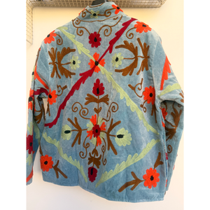 <b>Denim</b> Blue Floral Velvet Embroidered Jacket Customizable Logo Quilted Satin Outerwear for Spring Autumn Short Length Winter <b>Coat</b> - Product Image 4
