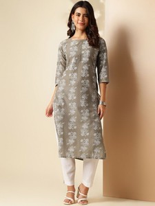 Mujer estampado floral cuello redondo puro algodón recto Kurta indio Pakistán kameez - Product Image 5