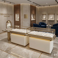 Ensemble de comptoirs de présentation de bijoux personnalisés de marque, verre arrondi, cadre en métal doré, LED, pour les magasins de bijoux haut de gamme