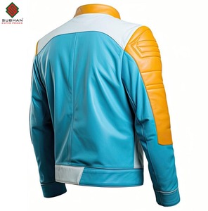 Chaqueta de Motociclista Casual de Invierno, Hecha a Mano, en Cuero Sintético Azul y Blanco, con Cierre, Cuello Mao, Servicio OEM, Personalizable - Product Image 2