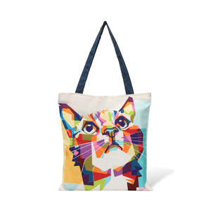 Sacs fourre-tout en toile de coton à motif géométrique chat vibrant, durables et écologiques pour usage quotidien, cadeaux, publicité, personnalisation sérigraphiée - Product Image 5
