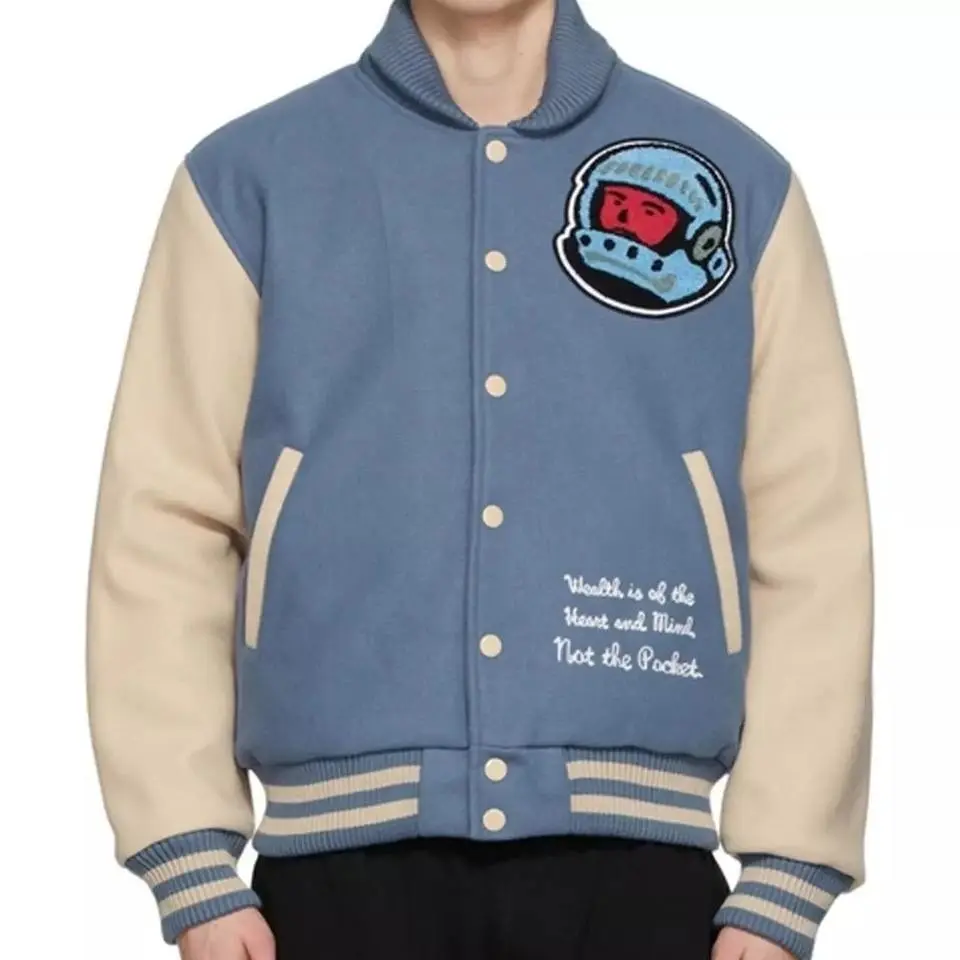 Produsen desain asli grosir jaket Universitas pria polos jaket bisbol warna hitam dengan jaket varsity lengan kulit