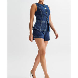 Conjunto de ropa de verano Two Street Denim Venta al por mayor Casual sin mangas Top pantalones cortos de cintura alta traje de mezclilla Paz para mujeres Nuevo diseño de desgaste - Product Image 5