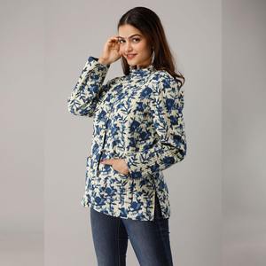 Light Blue Vintage Cotton <b>Quilted</b> <b>Jacket</b> for Summer Embroidered Lace Button Decor Waterproof Breathable Finished Knitted Fabric - Product Image 2