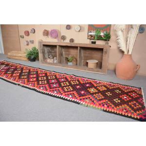 Tapis Kilim Turc Vintage 2.9x12.4 pieds Rouge Orange Laine Latex Support Patchwork Motif pour Chambre Style Tabriz 10mm Épaisseur - Product Image 4