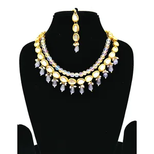 Parure de bijoux fins en Kundan gris perle foncé, plaqué or, classique et tendance, ethnique, religieuse, pour mariage, fête, fiançailles, cadeau - Product Image 2