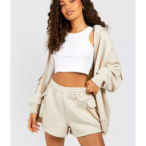 Custom Latest Stone 2 Piece <b>Women's</b> <b>Cargo</b> Pocket Zip Through <b>Shorts</b> Tracksuit Set Hoodie & <b>Short</b> <b>Women</b> Tracksuit Set 2 Piece Set - Product Image 2