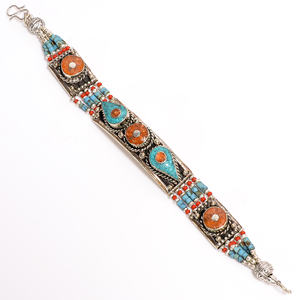 Bracelet en turquoise naturelle, corail et lapis-lazuli, bracelet antique népalais en argent tibétain, bijoux de mariage - Product Image 1