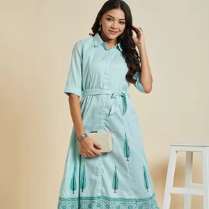 การสนทนาการพิมพ์เสื้อคอปกผ้าฝ้าย A-Line Kurta สําหรับผู้หญิงแฟชั่นอินเดียผ้าฝ้ายทําด้วยมือ Kurta ชุดยาวสุภาพสตรี - Product Image 1