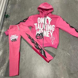 Survêtements évasés personnalisés pour hommes Streetwear imprimé bouffant graphique costumes de survêtement empilés ourlet brut bord coupé à capuche survêtement hommes ensemble de pantalons de survêtement - Product Image 2