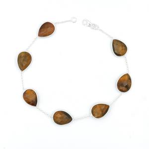 925 <b>Sterling</b> <b>Silver</b> 9\" Inch Natural Tiger's Eye Gemstone Pear Faceted Handmade Minimalist Design Fashion <b>Beaded</b> <b>Bracelet</b> - Product Image 1
