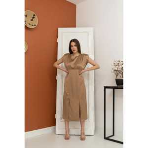 Vestido Helen al por mayor, de satén, silueta ajustada, falda de visón con cintura natural y abertura - Product Image 1