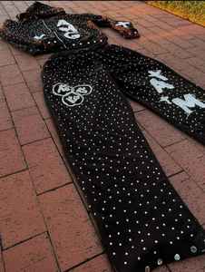 New High Quality 2026 Custom Dusty <b>Rose</b> Rhinestone Tracksuit Hand-Set Crystal Hoodie & Jogger Set Custom Logo Tracksuit - Product Image 3