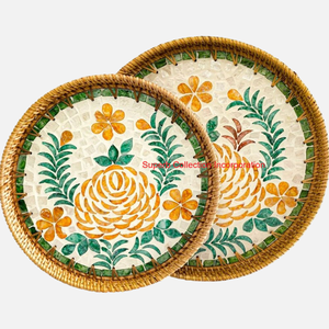 Ensemble de plateau de service en rotin tissé avec poignées en mosaïque verte plateau en osier rond décoratif pour la Table de cuisine à la maison et le service de fête - Product Image 5