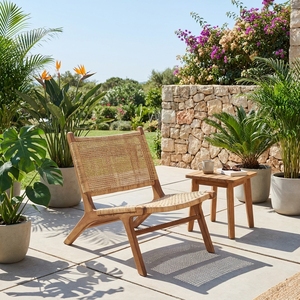 Chaise longue de jardin moderne en teck naturel, imperméable et durable, avec assise en sangle tressée pour terrasse et patio, décoration artistique - Product Image 5