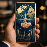 Carte de collection en métal double face personnalisée « Succès d'entreprise » avec cadre doré, globe, carte du monde et silhouette urbaine – Cadeau d'entreprise