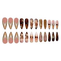 Faux ongles à presser longs, forme amande, motifs floraux marron avec breloques dorées, faits main, vente en gros pour l'été