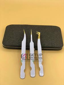 Pince à épiler professionnelle GETUP BROSONS en acier inoxydable, fine et droite, pour extensions de cils volume russe, avec pointe dorée et revêtement en poudre blanche - Product Image 6