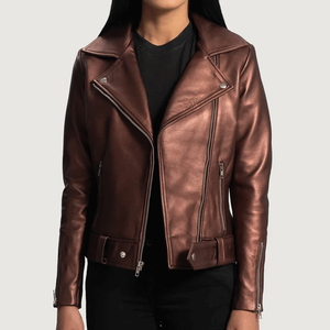 Chaqueta de piel de oveja auténtica estilo motorista Rumy Maroon para mujer, chaqueta de moto semialineada a prueba de viento, nombre del equipo personalizado - Product Image 3