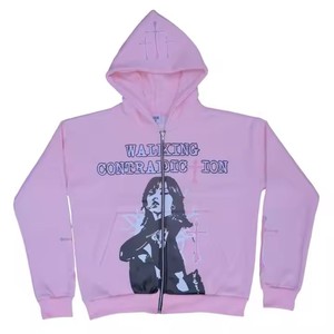 Sudadera con capucha de diamantes de imitación Rosa pesada ropa de calle personalizada con bordado e Impresión logotipo personalizado Unisex de gran tamaño sudadera con cremallera para hombre - Product Image 1