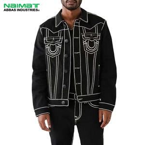 Chaqueta de Mezclilla Negra para Hombre con Costuras en Contraste Blancas, Chaqueta de Jean de Algodón Grueso, Ropa Urbana de Moda - Product Image 1