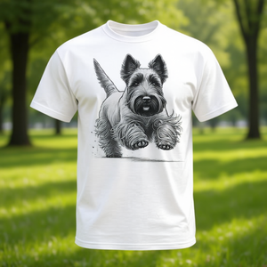 T-shirt promozionale con stampa di un cane Scottish Terrier (Scottie) che corre - Product Image 3