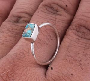 Blue Copper <b>Turquoise</b> 7x9mm Rectangle Shape Solid 925 Sterling Silver Eternity Vermeil Wedding <b>Ring</b> Party-Friendly Wholesale - Product Image 3