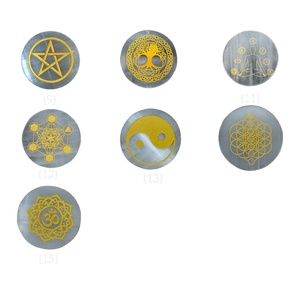 High quality selenite <b>coaster</b> 7 different Symbols Engraved Charging Disc Round Crystal <b>Coasters</b> for Drink with Coffee Stand - Product Image 6