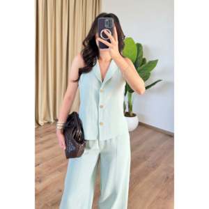 Ensemble pantalon et gilet en lin couleur menthe - Vente en gros - Vert menthe - Product Image 2