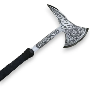 Hacha Vikinga Hecha a Mano con Mango de Madera de Fresno Grabado y Funda de Cuero con Grabado en la Cabeza - Product Image 1