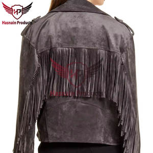 Veste en cuir suédé gris tendance pour femmes sur mesure avec des vêtements d'extérieur authentiques cloutés avec méthode de tissage tissé en coton - Product Image 6