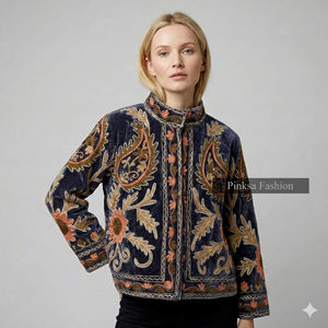 Veste universitaire en velours brodé floral bohème, anti-rides, écologique, coupe-vent et respirante, en coton Suzani, pour l'hiver et l'automne - Product Image 1