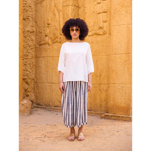 Ensemble haut en tricot de coton Kira - Style décontracté à rayures et carreaux, coupe ample, col à nœud, style streetwear d'été - Product Image 1
