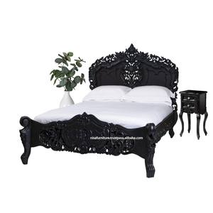 Cama negra rococó, estilo francés, madera maciza de caoba, muebles de dormitorio tallados artísticos, diseño europeo antiguo, marco de cama tamaño Queen - Product Image 5