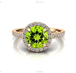 14k纯金橄榄石8月诞生石戒指圆形IGI认证天然钻石戒指精品珠宝结婚戒指