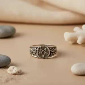 925 Sterling Silver Men's <b>Pentagram</b> <b>Ring</b> Gothic Fashionable Trendy Stainless Steel Inlay Jewelry - Product Image 3